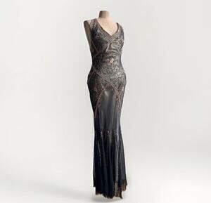 Vintage Y2K NITELINE Cache Style Dress Black Gold Beaded Evening Gown sz 4